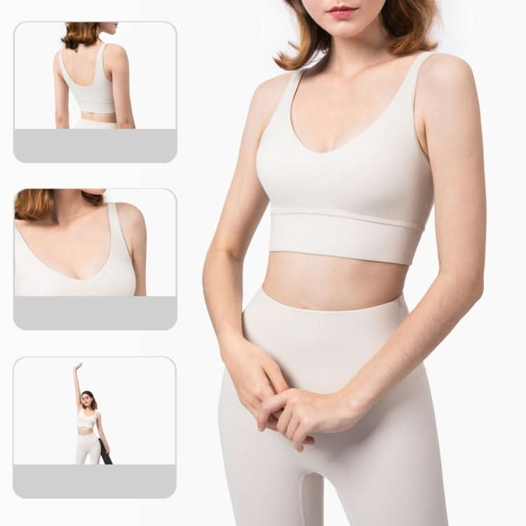 Charming Deep V Shockproof Gathered Fitness Yoga Underwear (Color:Light Ivory Size:XL)