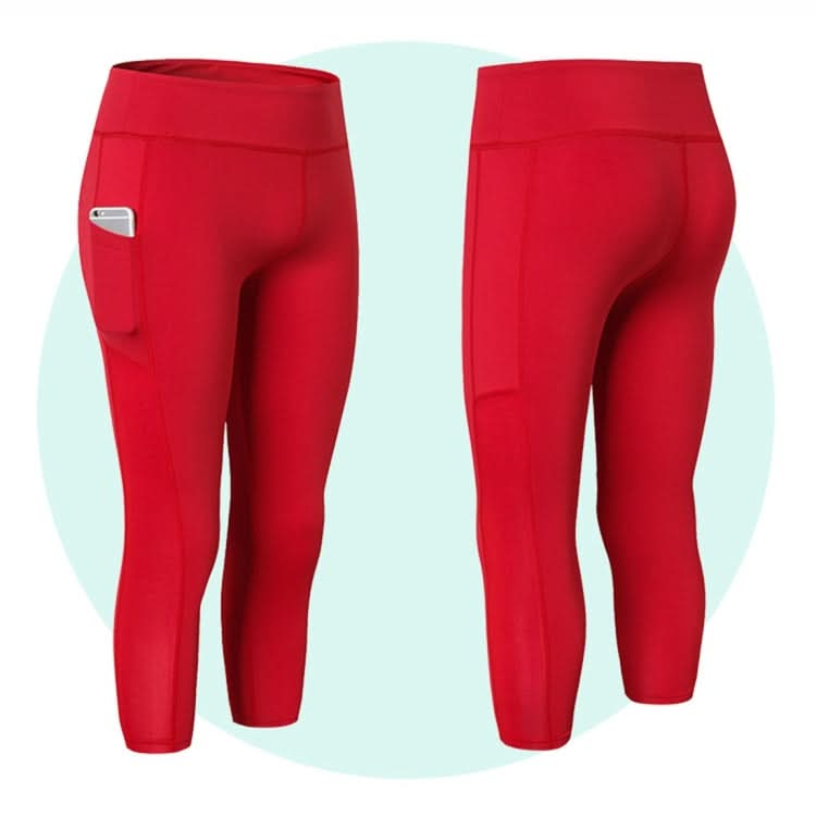 Stretch Tight Quick Drying Sweat Wicking Side Pocket Yoga Capris (Color:Rose Red Size:XL)