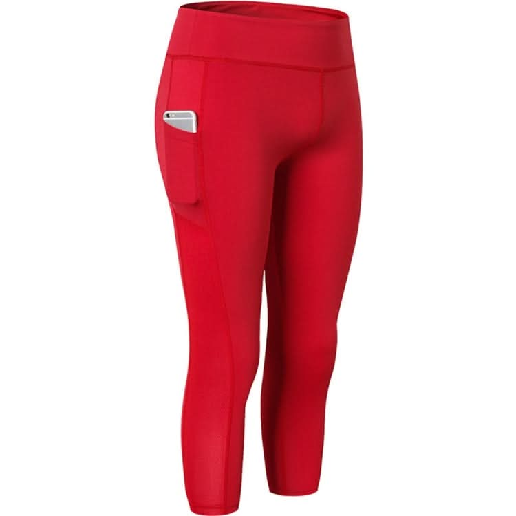 Stretch Tight Quick Drying Sweat Wicking Side Pocket Yoga Capris (Color:Rose Red Size:XL) Reluova