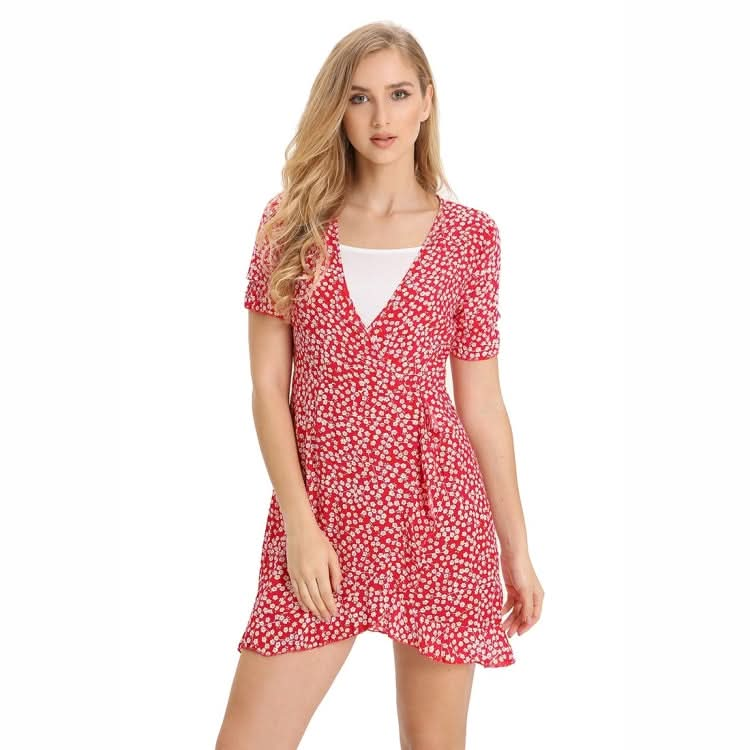 V-neck Floral Lace Up Short Sleeve Dress Reluova