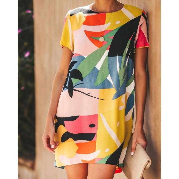 Round Neck Contrast Print Dress (Color:As Shown Size:L)