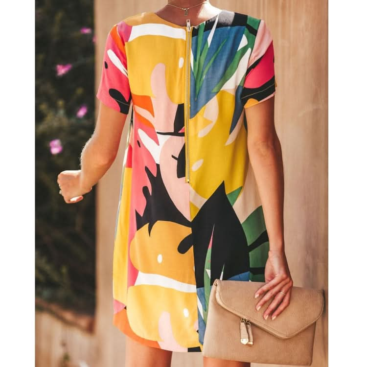 Round Neck Contrast Print Dress (Color:As Shown Size:L)