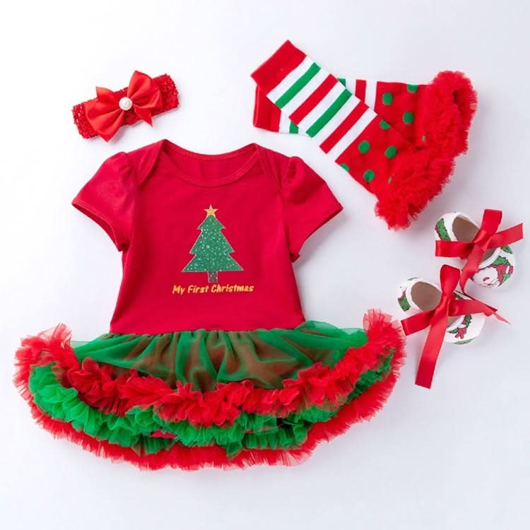 Baby Christmas Clothes Short-sleeved Cartoon Print Lace Dress Four-piece (Color:Elk Size:80) Reluova