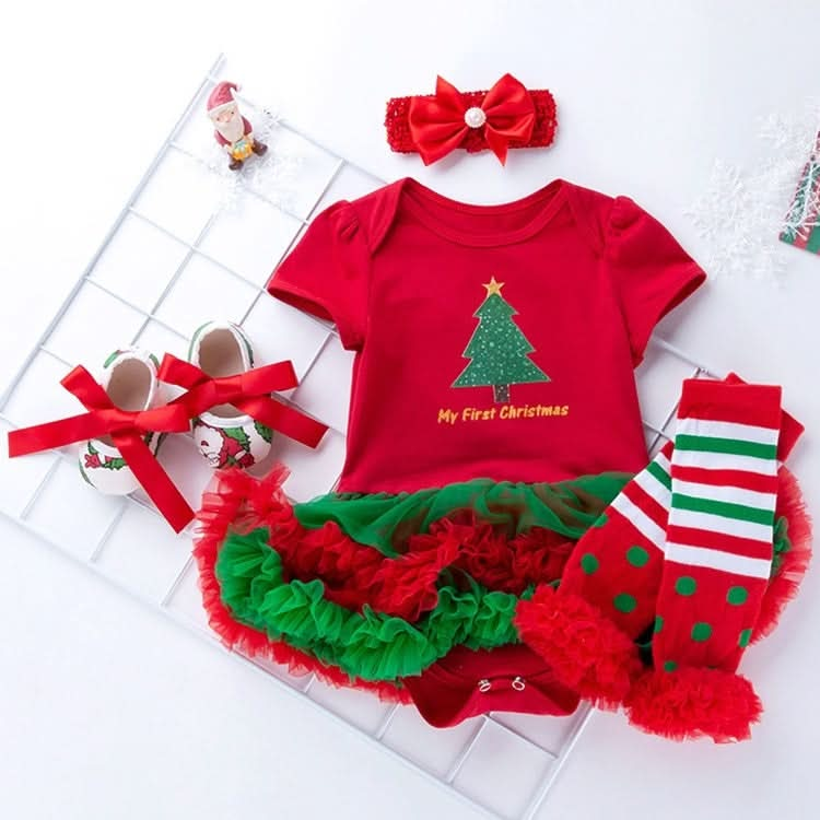 Baby Christmas Clothes Short-sleeved Cartoon Print Lace Dress Four-piece (Color:Elk Size:80) Reluova