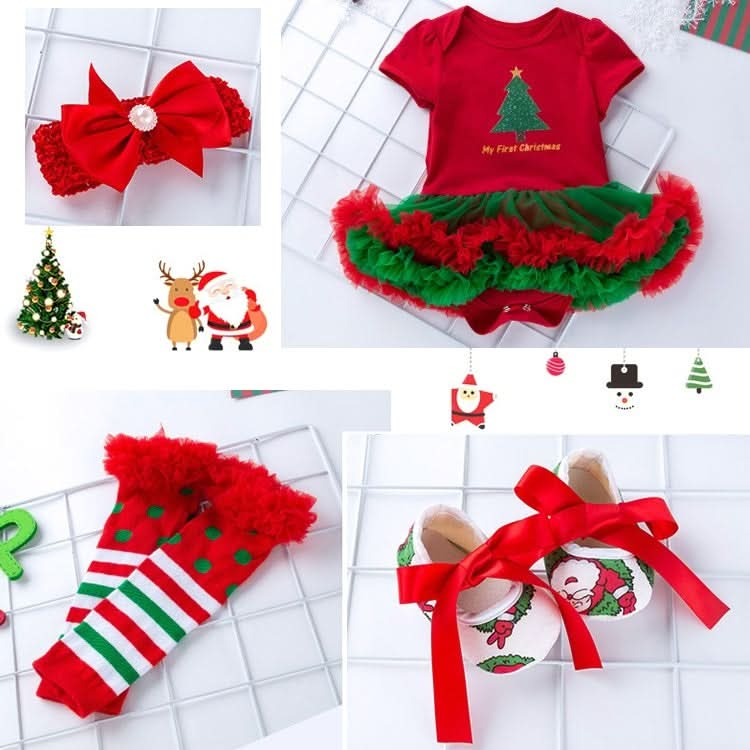 Baby Christmas Clothes Short-sleeved Cartoon Print Lace Dress Four-piece (Color:Elk Size:80) Reluova