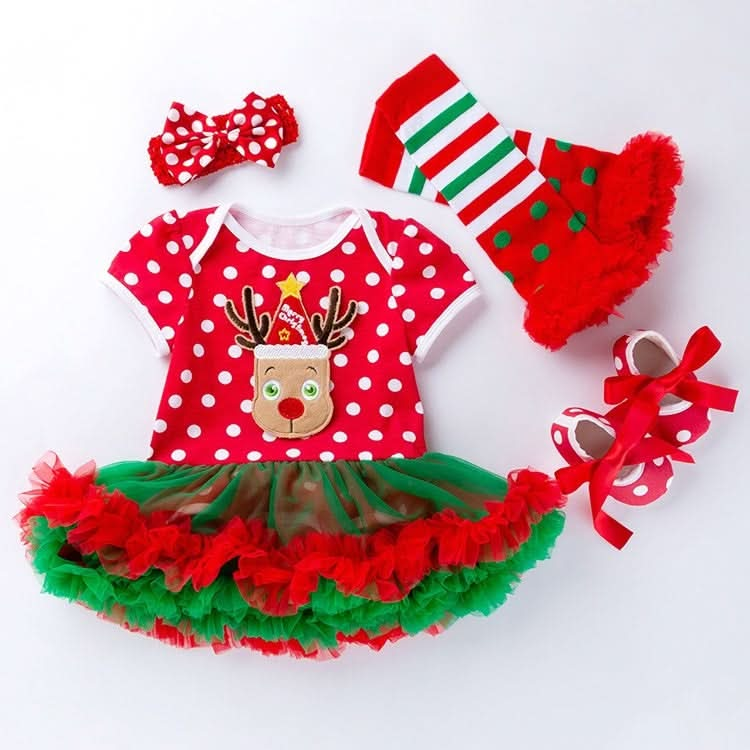 Baby Christmas Clothes Short-sleeved Cartoon Print Lace Dress Four-piece (Color:Elk Size:80) Reluova