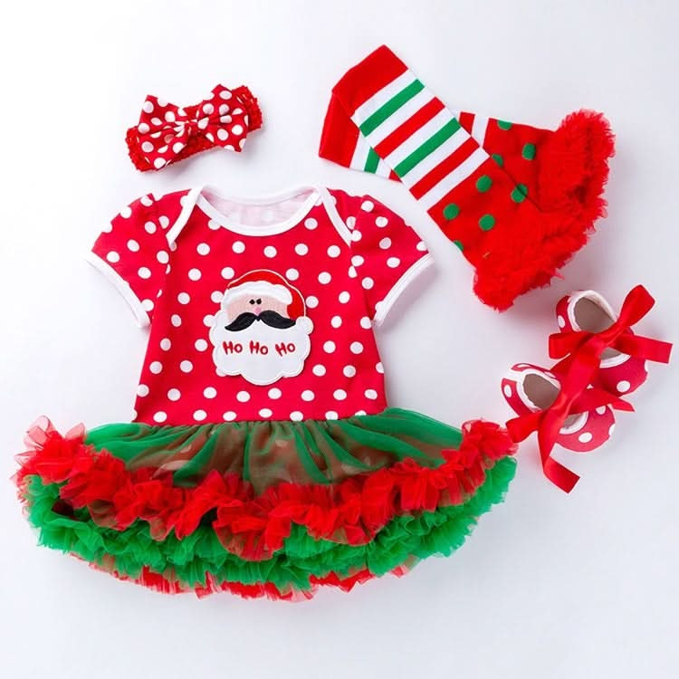 Baby Christmas Clothes Short-sleeved Cartoon Print Lace Dress Four-piece (Color:Elk Size:80) Reluova