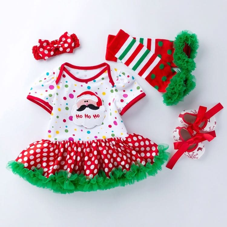 Baby Christmas Clothes Short-sleeved Cartoon Print Lace Dress Four-piece (Color:Elk Size:80) Reluova