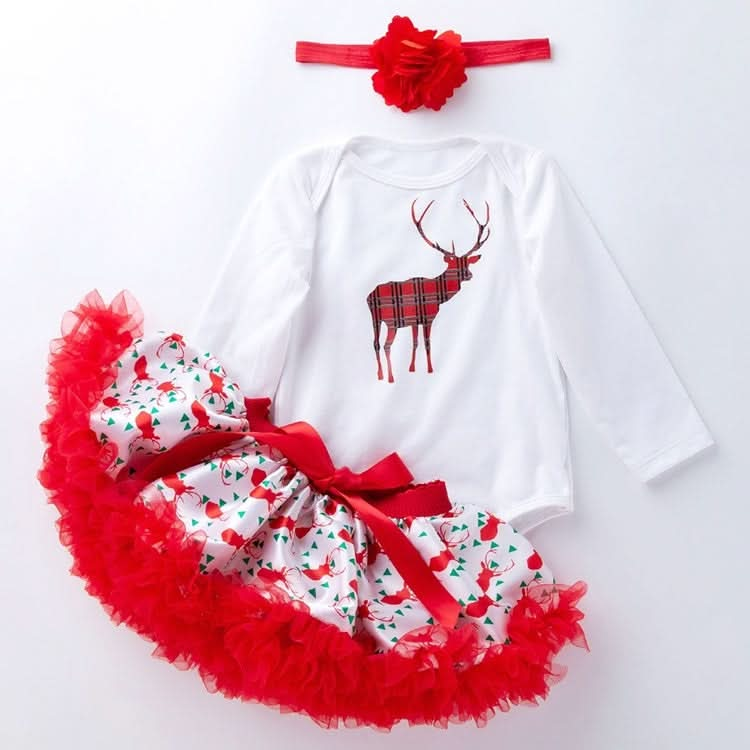 Baby Long Sleeve Cartoon Romper Net Yarn Tutu Three-piece Childrens Wear (Color:Sika Deer Size:80) Reluova