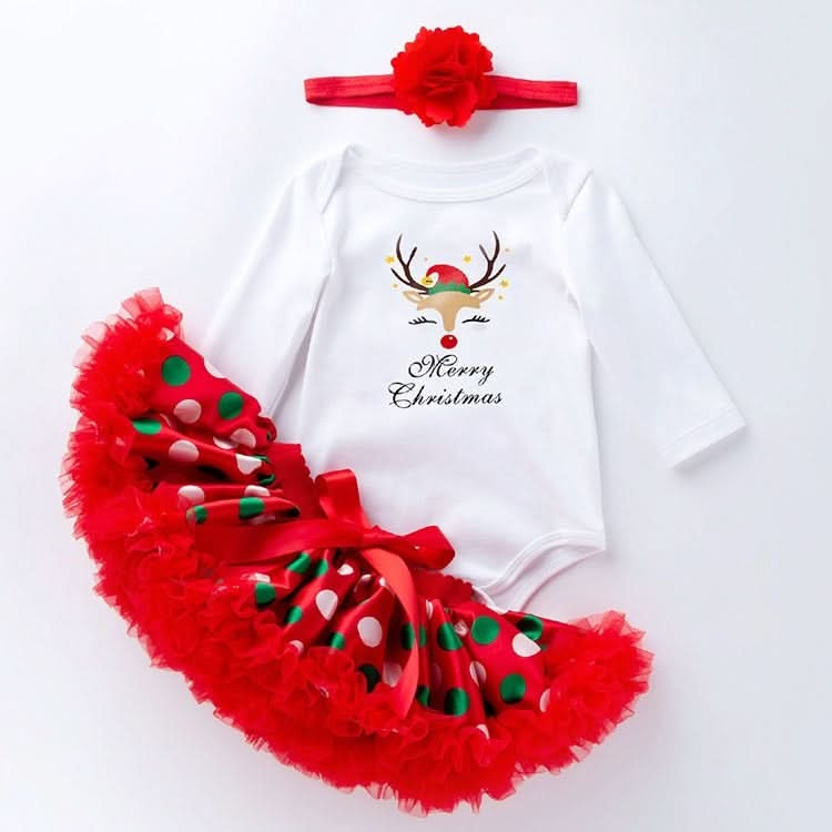 Baby Long Sleeve Cartoon Romper Net Yarn Tutu Three-piece Childrens Wear (Color:Sika Deer Size:80) Reluova