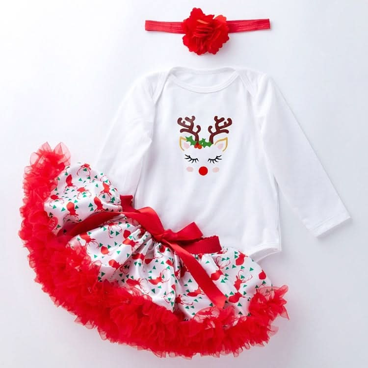 Baby Long Sleeve Cartoon Romper Net Yarn Tutu Three-piece Childrens Wear (Color:Sika Deer Size:80) Reluova