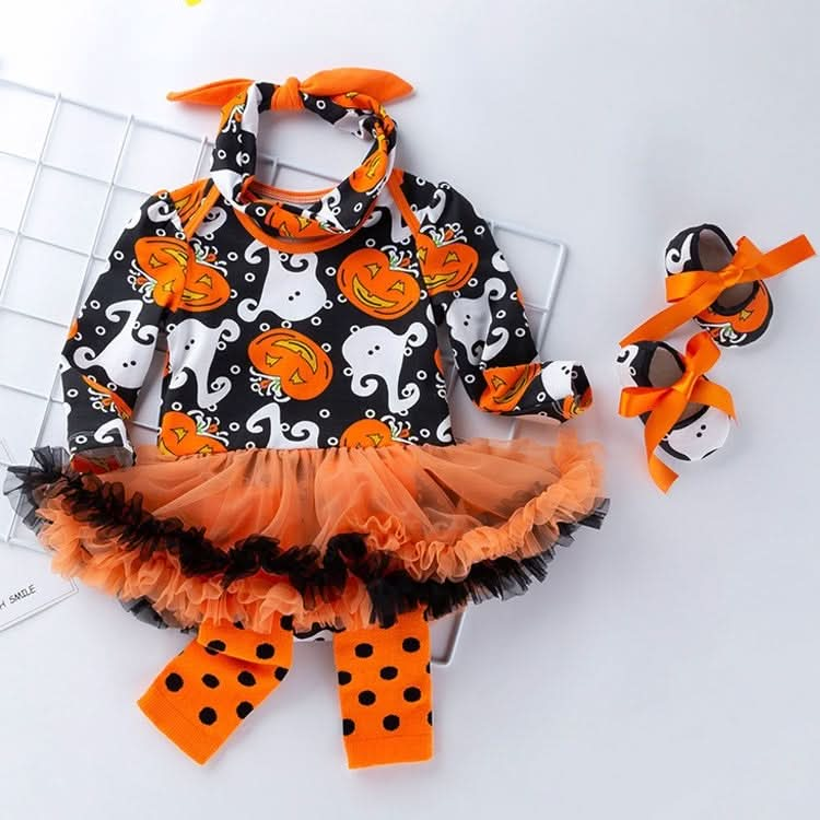 Halloween Pumpkin Dress Long Sleeve Dress Baby High Quality Cotton Romper Dress Toddler Shoes Set (Color:Black Pumpkin Size:80) Reluova