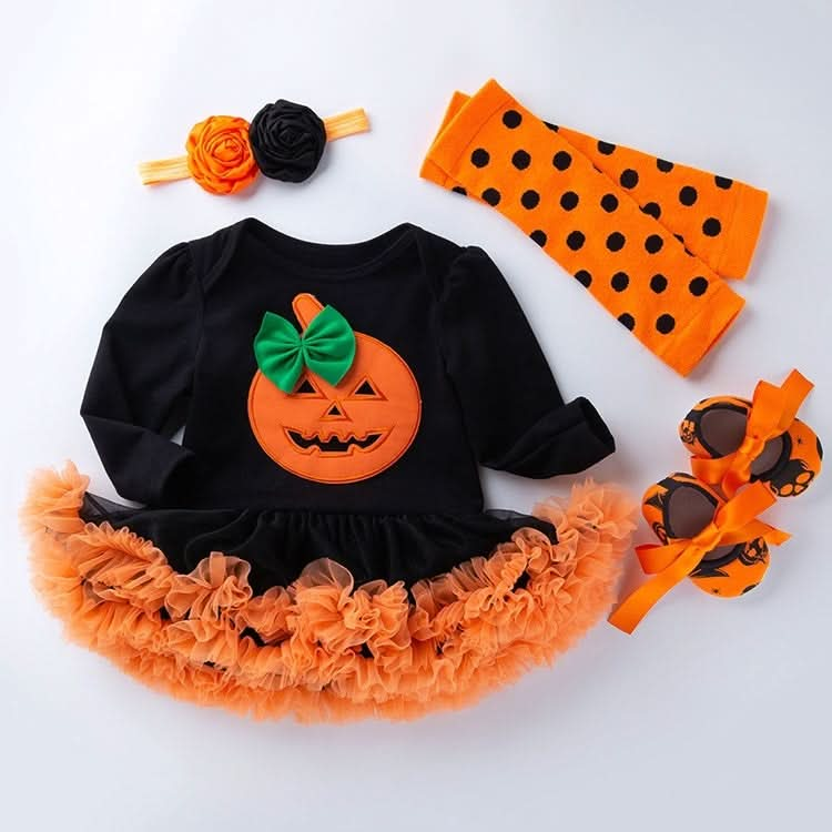 Halloween Pumpkin Dress Long Sleeve Dress Baby High Quality Cotton Romper Dress Toddler Shoes Set (Color:Black Pumpkin Size:80) Reluova