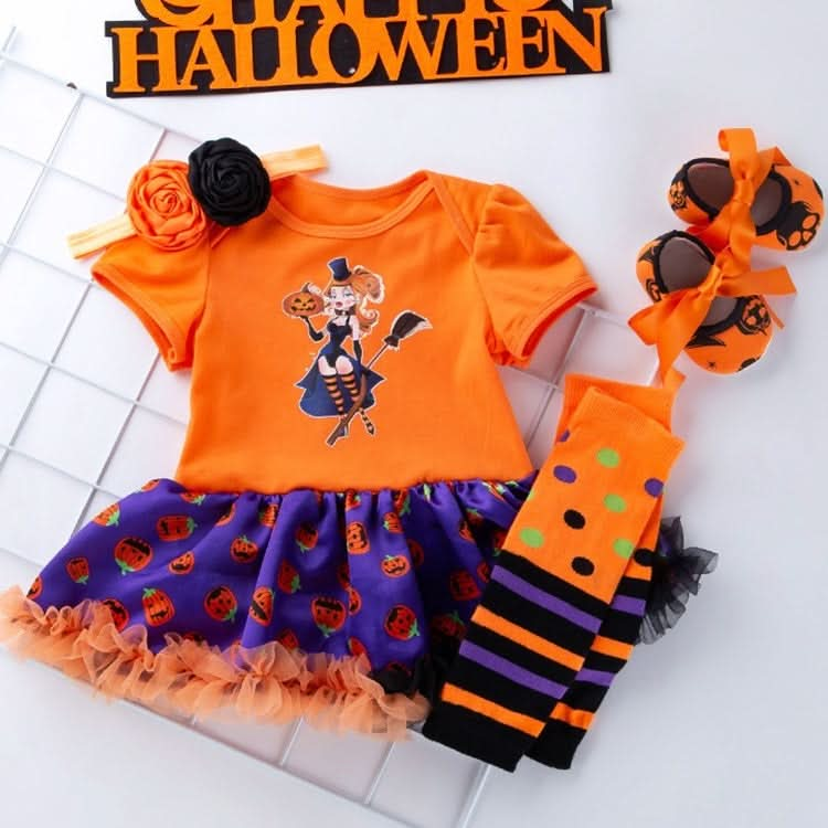 Halloween Baby Short-sleeved Cartoon Print Romper Dress Baby Mesh Dress Tutu Skirt (Color:Multiple Pumpkins Size:80) Reluova