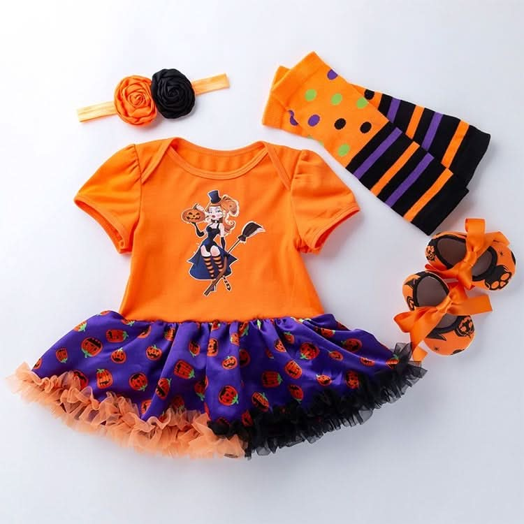 Halloween Baby Short-sleeved Cartoon Print Romper Dress Baby Mesh Dress Tutu Skirt (Color:Multiple Pumpkins Size:80) Reluova