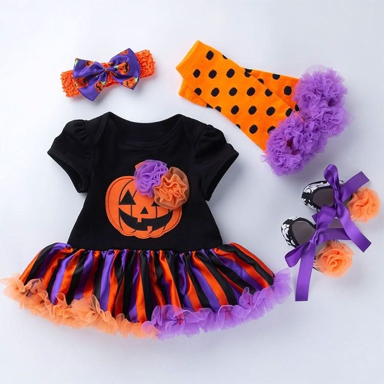 Halloween Baby Short-sleeved Cartoon Print Romper Dress Baby Mesh Dress Tutu Skirt (Color:Multiple Pumpkins Size:80) Reluova