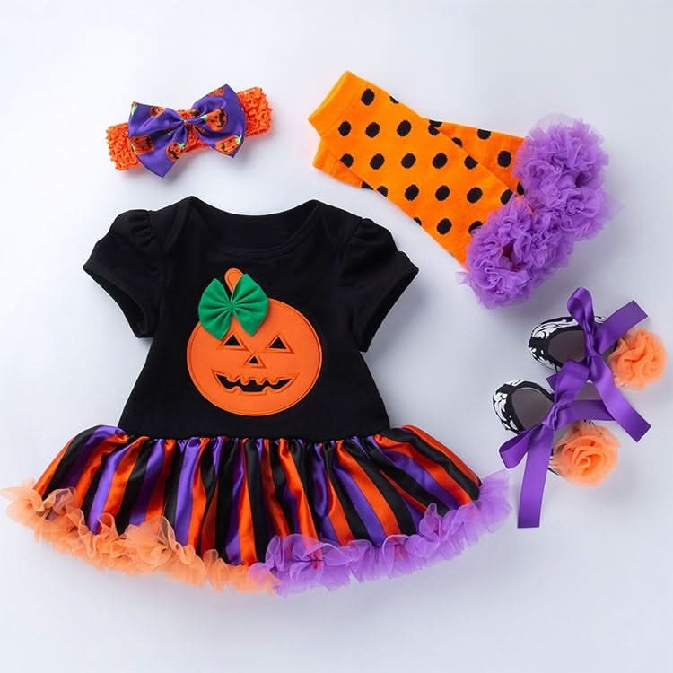 Halloween Baby Short-sleeved Cartoon Print Romper Dress Baby Mesh Dress Tutu Skirt (Color:Multiple Pumpkins Size:80) Reluova