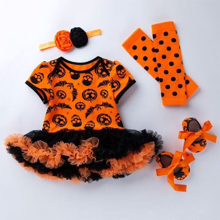 Halloween Baby Short-sleeved Cartoon Print Romper Dress Baby Mesh Dress Tutu Skirt (Color:Multiple Pumpkins Size:80) Reluova