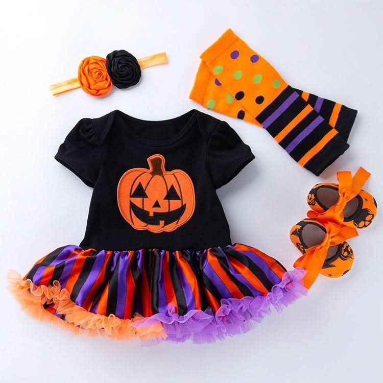 Halloween Baby Short-sleeved Cartoon Print Romper Dress Baby Mesh Dress Tutu Skirt (Color:Multiple Pumpkins Size:80) Reluova