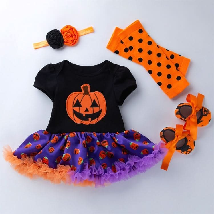 Halloween Baby Short-sleeved Cartoon Print Romper Dress Baby Mesh Dress Tutu Skirt (Color:Multiple Pumpkins Size:80) Reluova