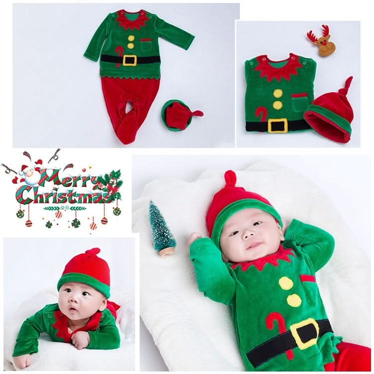 Christmas Baby Long-sleeved Cartoon Santa Claus Jumpsuit Hat Two-piece Reluova