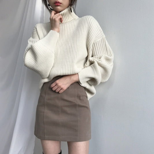 Solid Color Turtleneck Outer Wear Pullover Casual Sweater Reluova