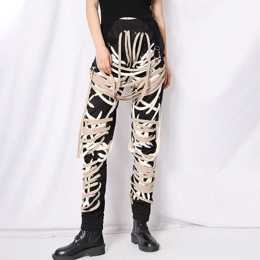 Casual Black Leggings Fashion Strap Pockets Multi-layer Niche Design Trousers