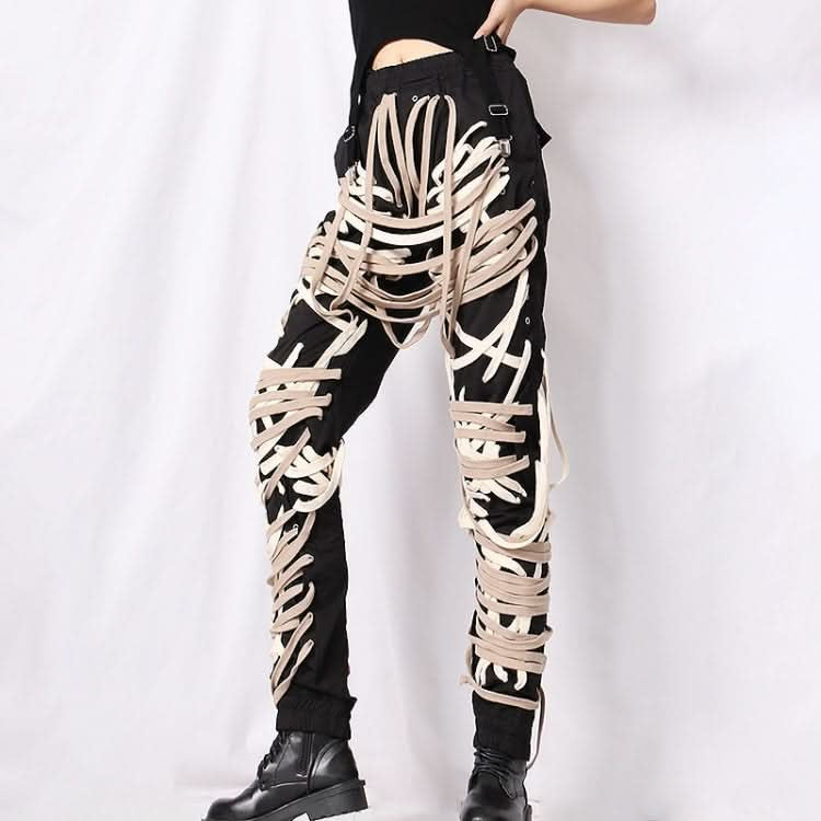 Casual Black Leggings Fashion Strap Pockets Multi-layer Niche Design Trousers