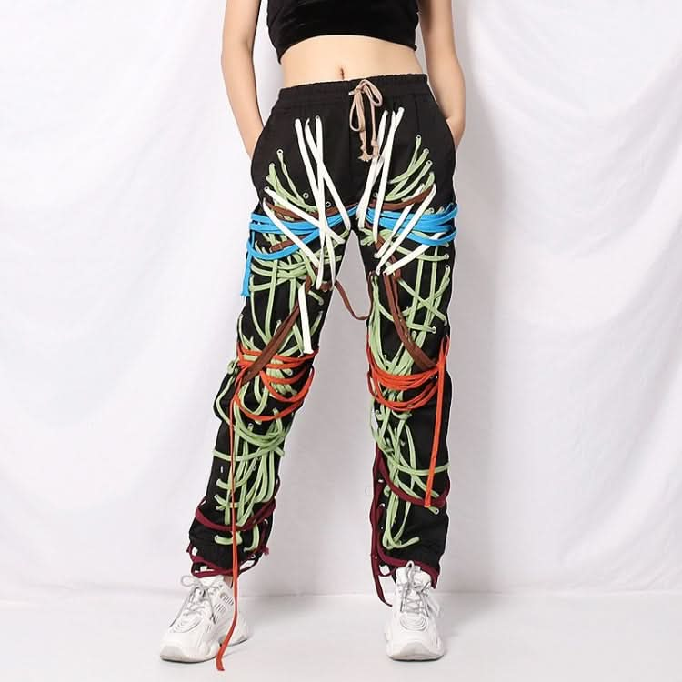 Casual Black Leggings Fashion Strap Pockets Multi-layer Niche Design Trousers