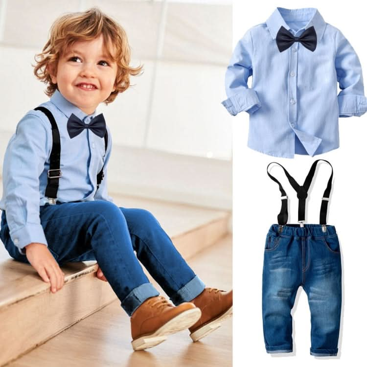 Children Long-sleeved Shirt + Denim Suspenders And Trousers Two-piece Suit Reluova