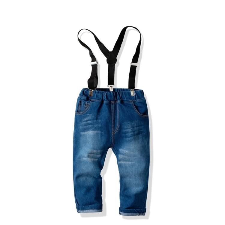 Children Long-sleeved Shirt + Denim Suspenders And Trousers Two-piece Suit Reluova