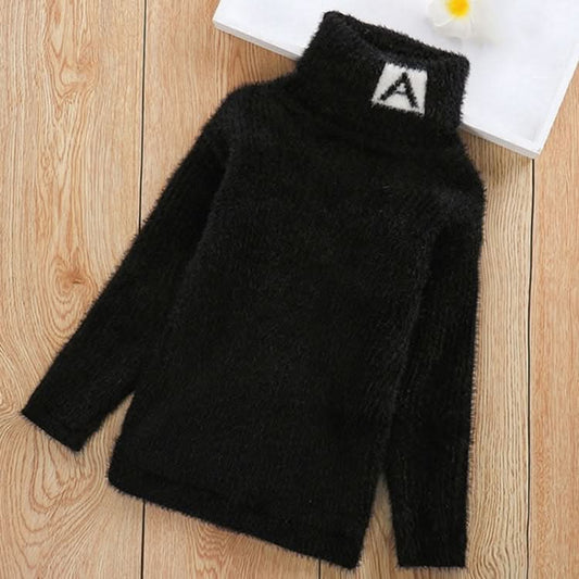 Letter Pattern Imitation Mink Velvet Children Turtleneck Knitted Sweater Reluova