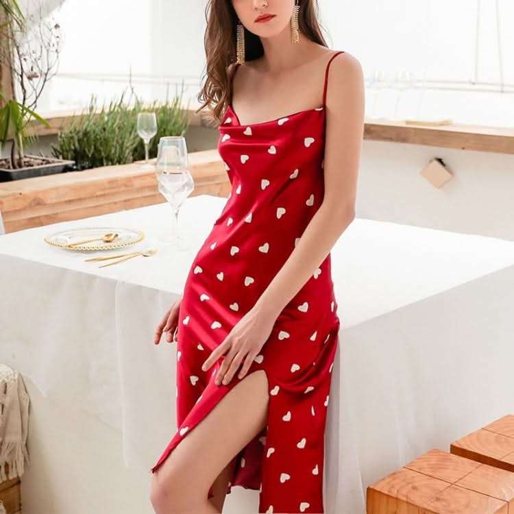 Summer Love-heart Pattern Nightdress Imitation Silk Long Suspender Dress for Ladies