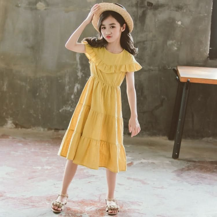 Girls Short-sleeved Dark Jacquard Cotton Round Neck Ruffle Dress Reluova