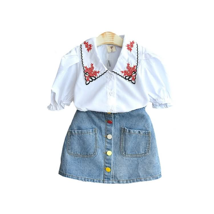 Girls Denim Skirt Casual Embroidered Short Sleeve Shirt Two-piece Reluova