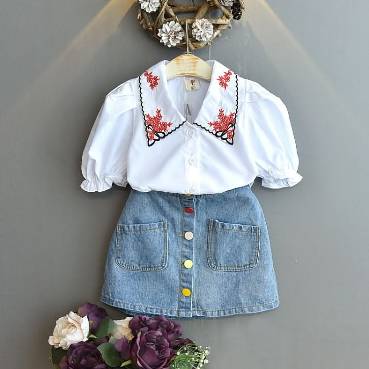 Girls Denim Skirt Casual Embroidered Short Sleeve Shirt Two-piece Reluova