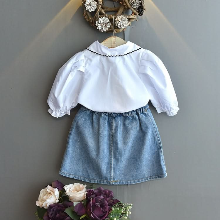 Girls Denim Skirt Casual Embroidered Short Sleeve Shirt Two-piece Reluova