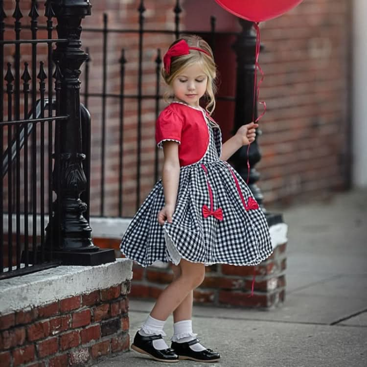 Girls Lace Plaid Bow Princess Dress Reluova