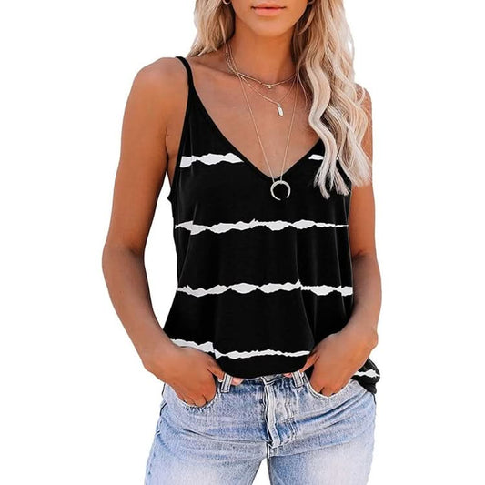 V-neck Striped Sleeveless T-Shirt Camisole for Ladies (Color:Black Size:S)