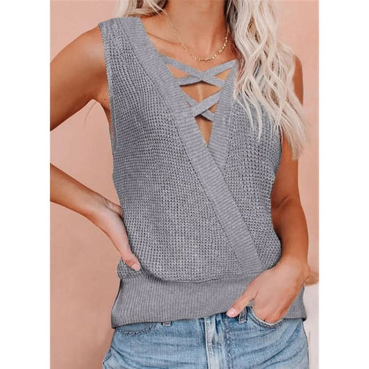 Solid Color Deep V-neck Backless Knitted Vest T-shirt for Ladies (Color:Black Size:S)