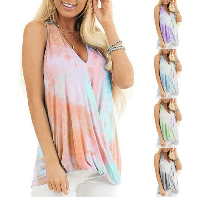 Tie-dye Print V-neck Vest T-shirt for Ladies (Color:Grey Size:S)