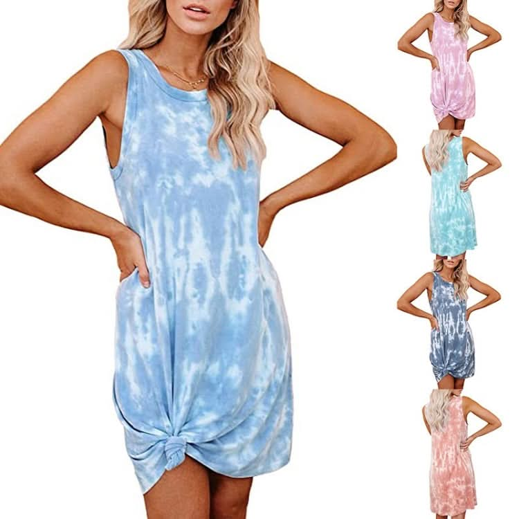 Tie-dye Printing Loose Round Neck Vest Dress Mid-length A-line Skirt for Ladies