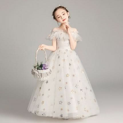 Long Five-pointed Star Pattern Lace Princess Dress Pettiskirt Performance Formal Dress for Girls Reluova