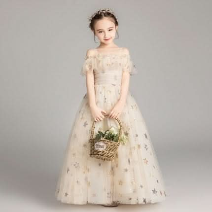 Long Five-pointed Star Pattern Lace Princess Dress Pettiskirt Performance Formal Dress for Girls Reluova