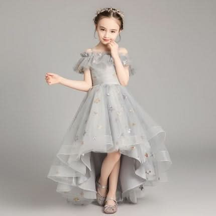 Five-pointed Star Pattern Short Front and Long Back Lace Princess Dress Pettiskirt Performance Formal Dress for Girls Reluova