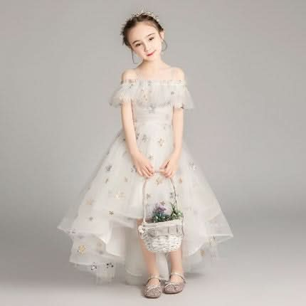 Five-pointed Star Pattern Short Front and Long Back Lace Princess Dress Pettiskirt Performance Formal Dress for Girls Reluova