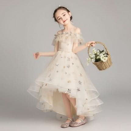 Five-pointed Star Pattern Short Front and Long Back Lace Princess Dress Pettiskirt Performance Formal Dress for Girls Reluova