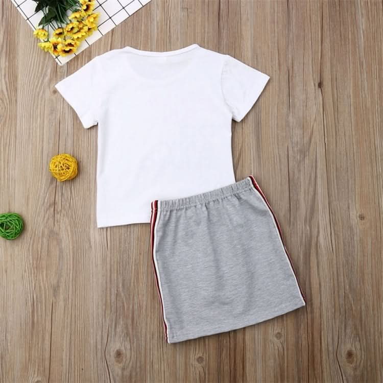 Girls Summer Letter T-shirt Striped Lace Skirt Suit (Color:White Size:130cm) Reluova