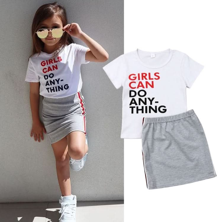 Girls Summer Letter T-shirt Striped Lace Skirt Suit (Color:White Size:130cm) Reluova