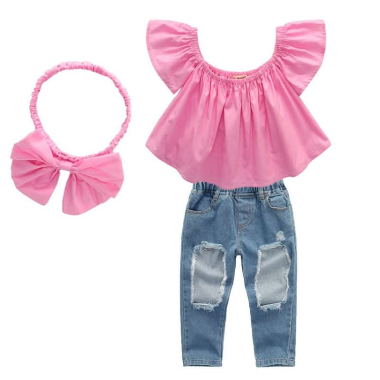 Girls Three-piece Pink Blouse Ripped Jeans Suit (Color:As Show Size:110cm) Reluova